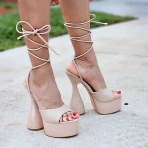 Women Ankle Strap High Chunky Heel Platform Sandals Nude Color